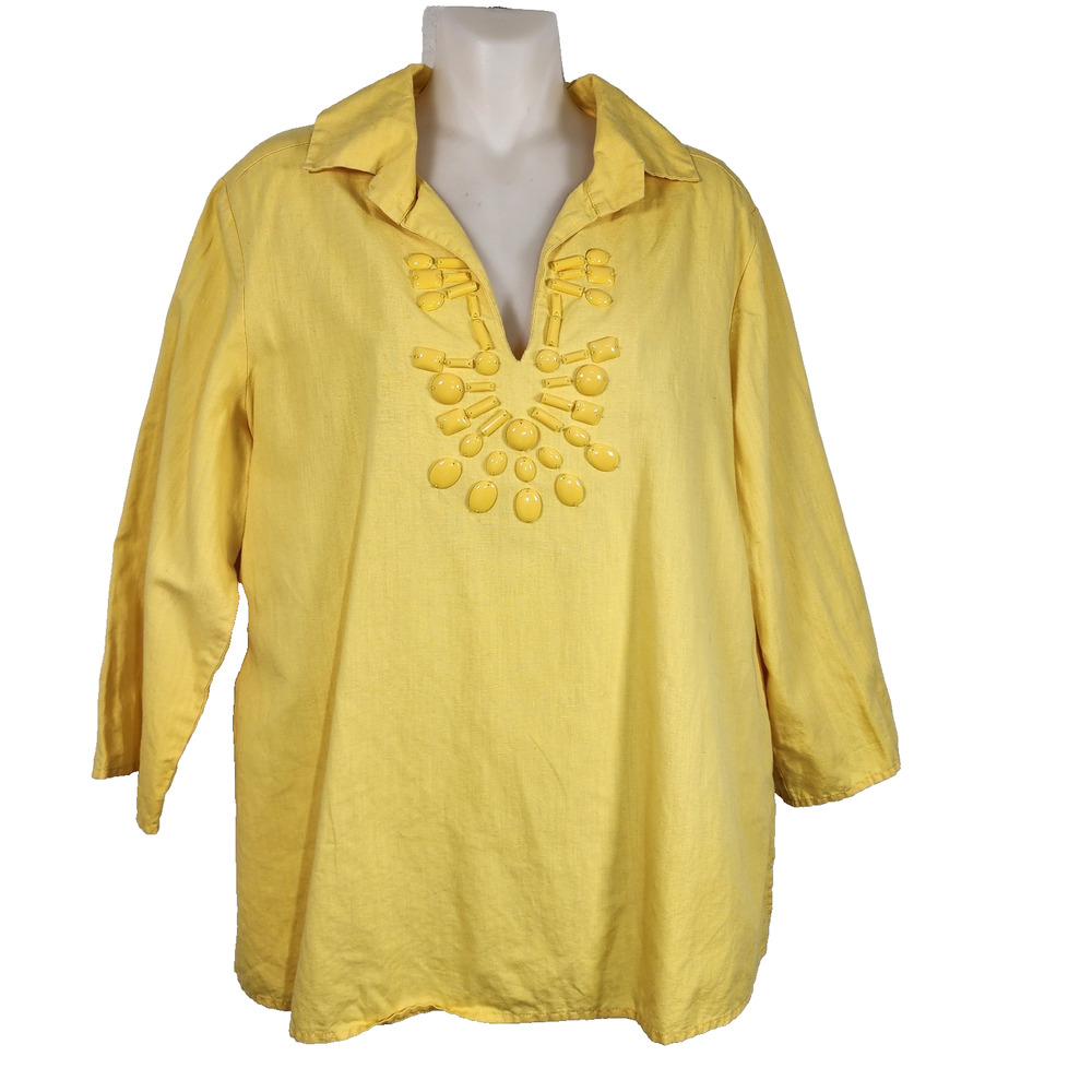 Talbots Womens Beaded Split Neck Cotton Linen 3/4 Sleeve Tunic Size L Yellow
